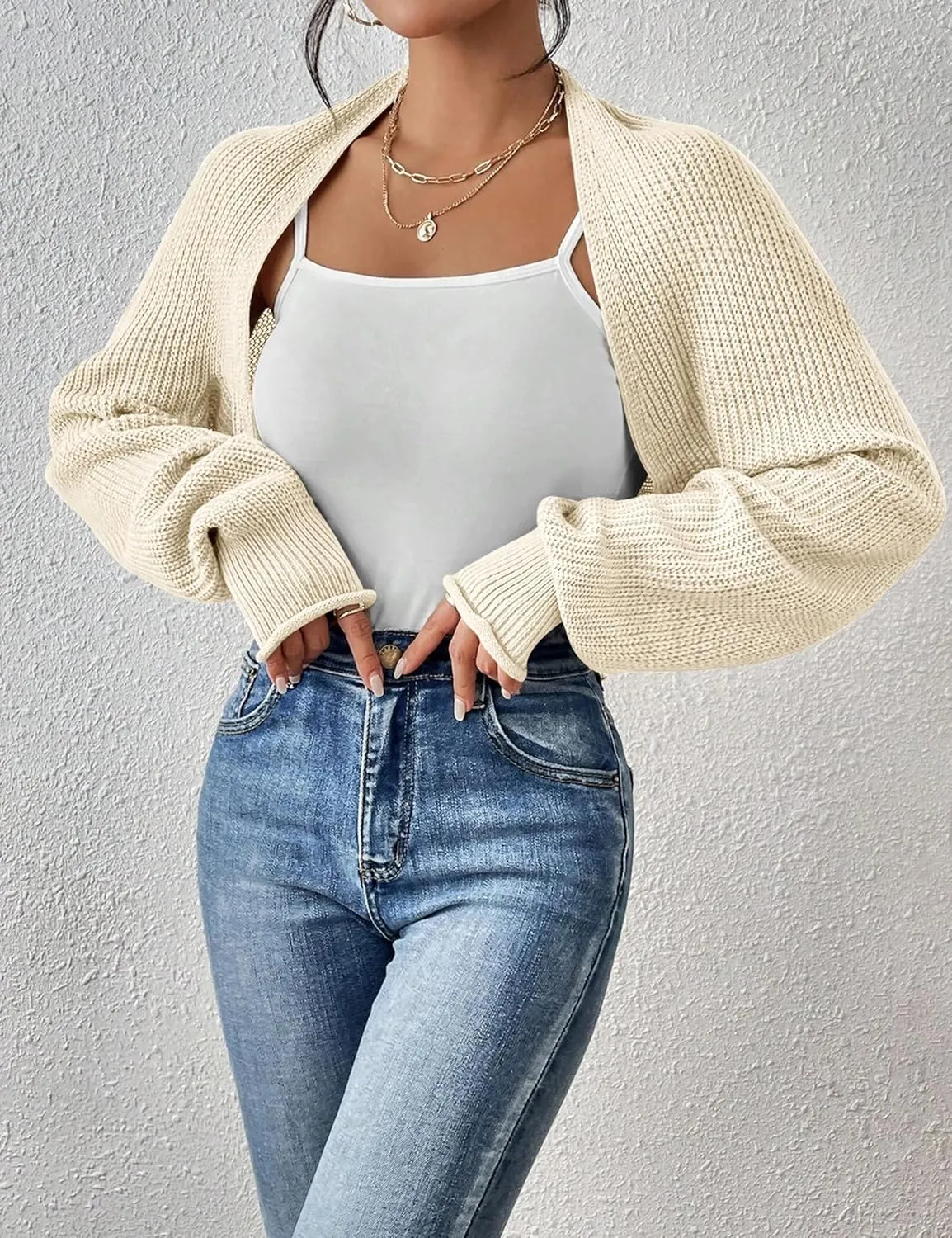 Women's Long Sleeve Open Front Knit Cropped Cardigan Sweaters Casual Solid Spring Summer Short Shrugs Sweater Coats
