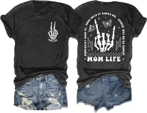 Womens Mama Shirt Mom Life Shirts Skeleton Mother Printed T-Shirt Rock and Roll Short Sleeve Tops