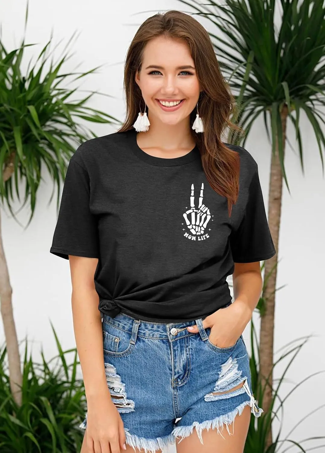 Womens Mama Shirt Mom Life Shirts Skeleton Mother Printed T-Shirt Rock and Roll Short Sleeve Tops