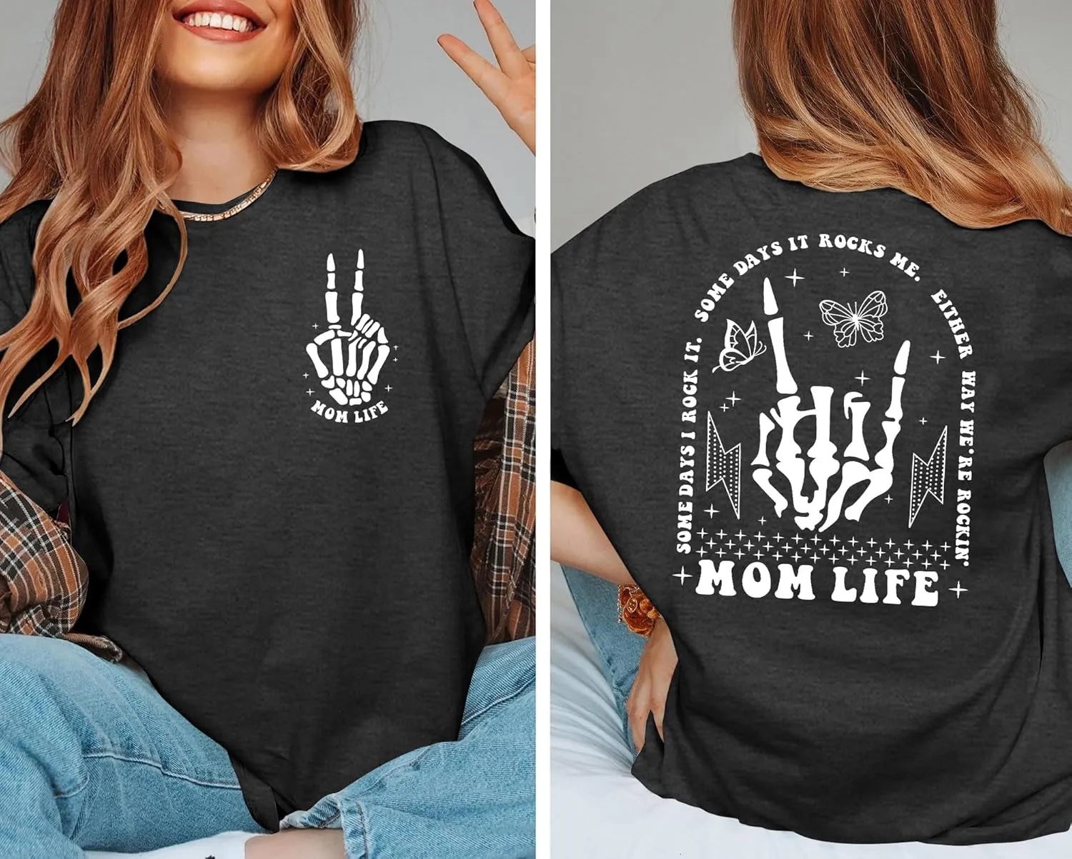 Womens Mama Shirt Mom Life Shirts Skeleton Mother Printed T-Shirt Rock and Roll Short Sleeve Tops