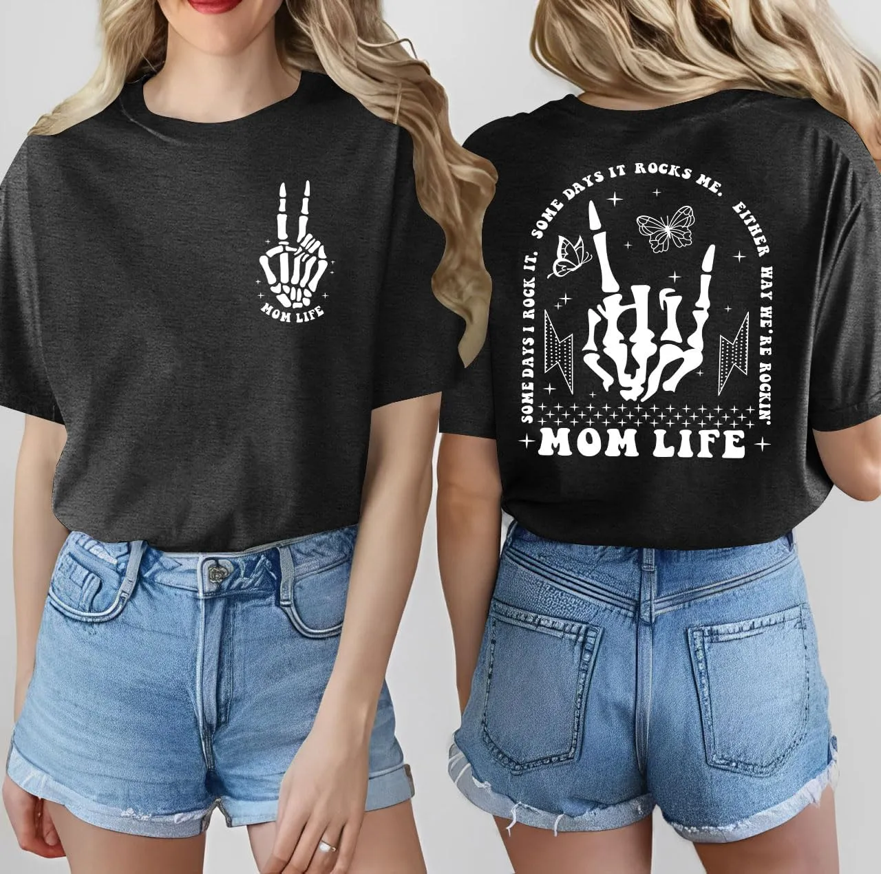 Womens Mama Shirt Mom Life Shirts Skeleton Mother Printed T-Shirt Rock and Roll Short Sleeve Tops