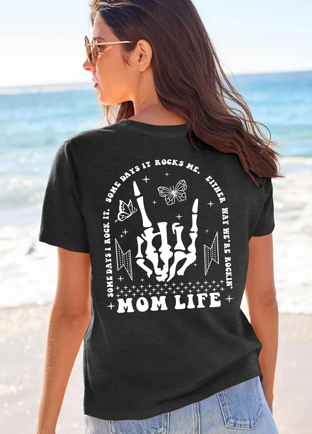 Womens Mama Shirt Mom Life Shirts Skeleton Mother Printed T-Shirt Rock and Roll Short Sleeve Tops