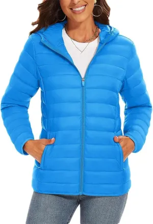 Women's Packable Lightweight Warm Puffer Jackets Hooded Full Zip Quilted Jacket Winter Windproof Camping Down Coat