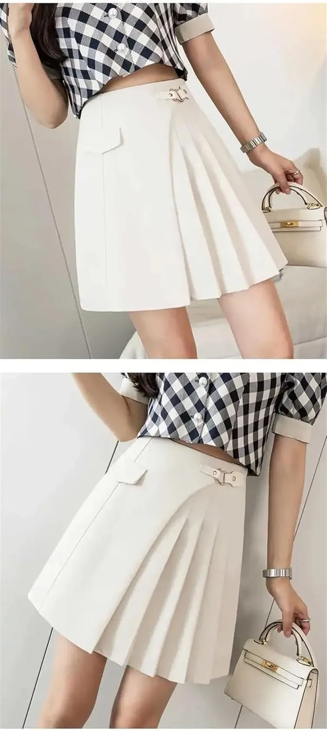 Womens Pleated Mini Skirts High Waist A-Line Short Skort Asymmetrical Folded Short Half Skirt