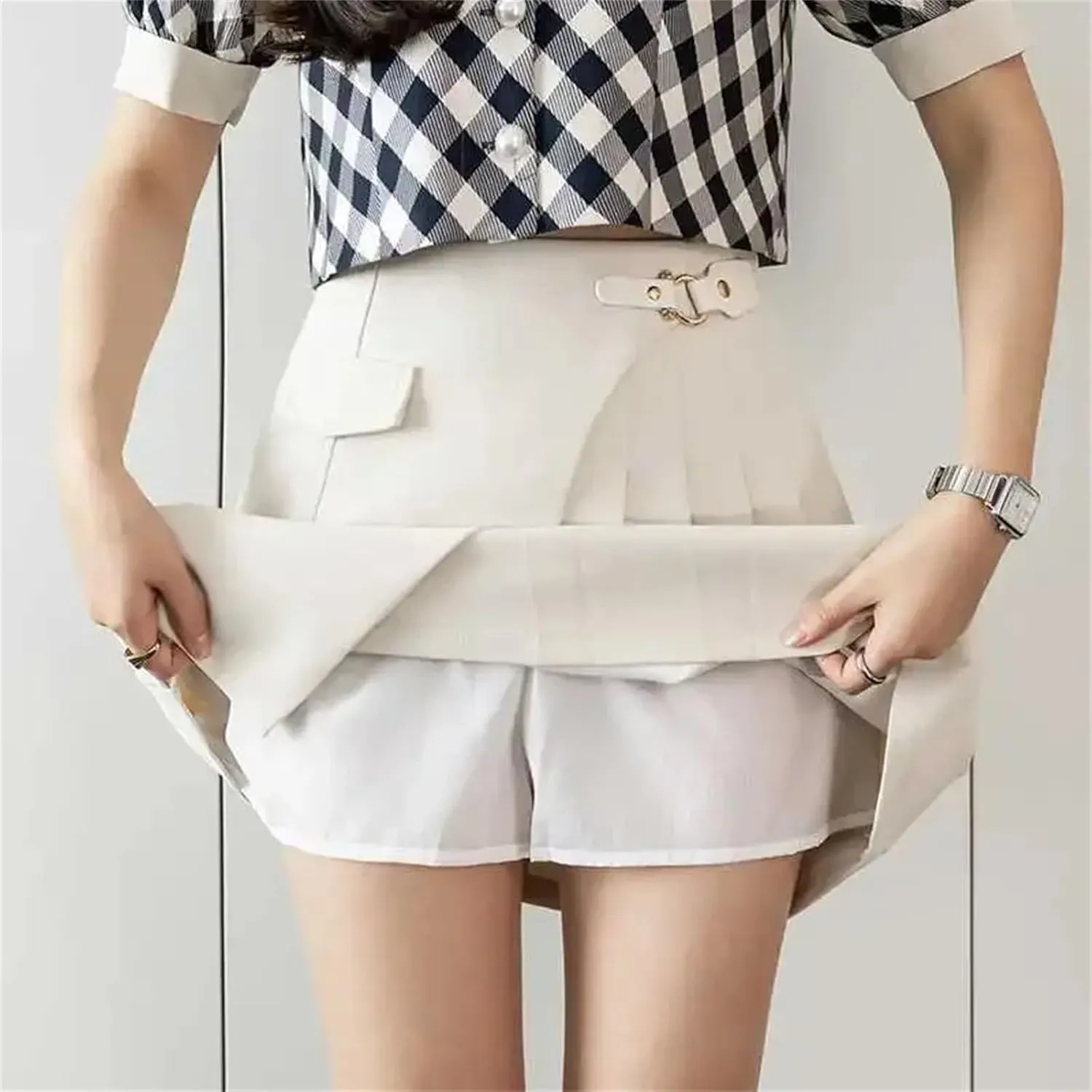 Womens Pleated Mini Skirts High Waist A-Line Short Skort Asymmetrical Folded Short Half Skirt