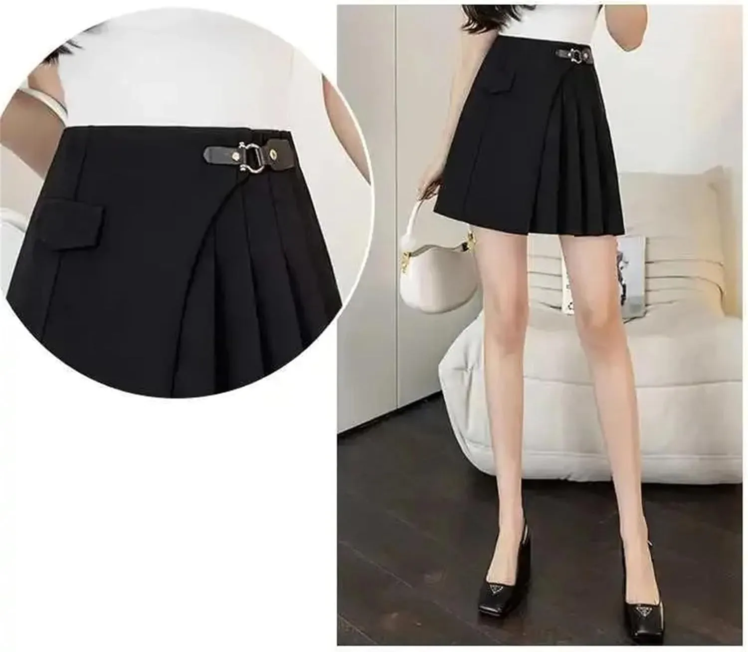 Womens Pleated Mini Skirts High Waist A-Line Short Skort Asymmetrical Folded Short Half Skirt