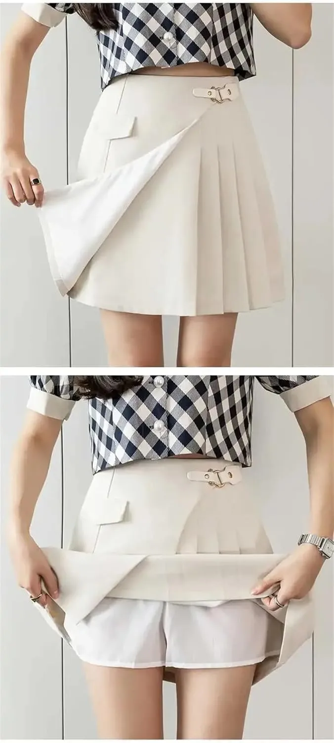 Womens Pleated Mini Skirts High Waist A-Line Short Skort Asymmetrical Folded Short Half Skirt