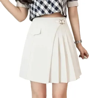 Womens Pleated Mini Skirts High Waist A-Line Short Skort Asymmetrical Folded Short Half Skirt