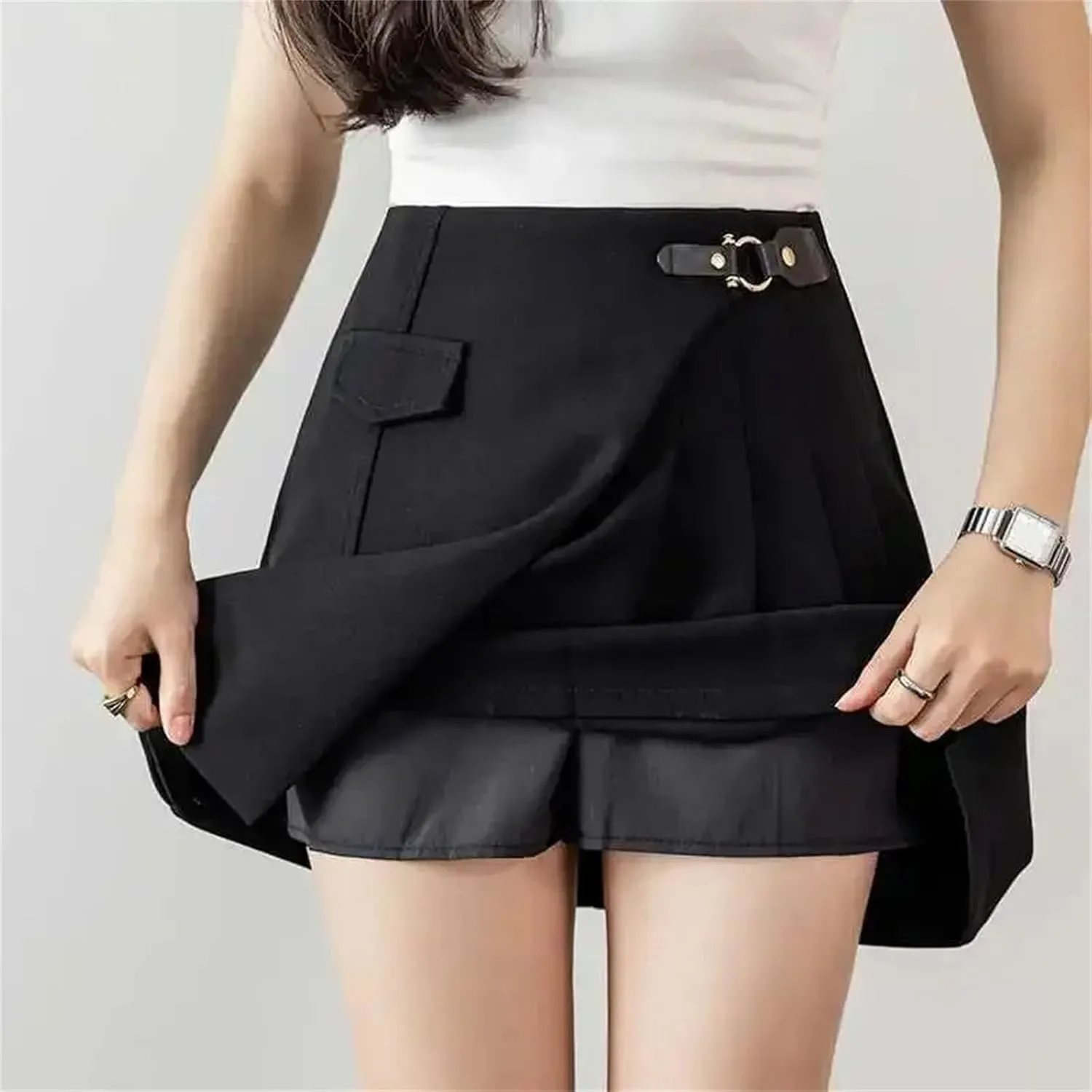 Womens Pleated Mini Skirts High Waist A-Line Short Skort Asymmetrical Folded Short Half Skirt