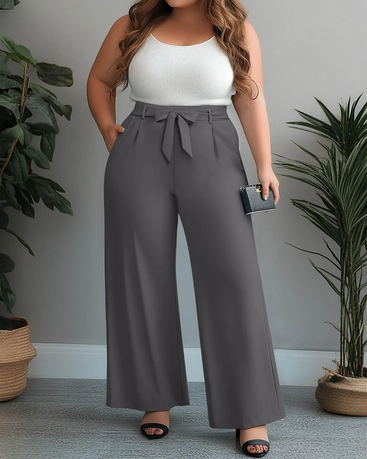 Women's Plus Size Wide Leg Dress Pants High Waist Palazzo Adjustable Knot Casual Business Trousers with Pockets
