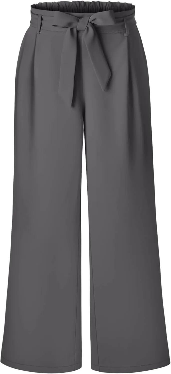 Women's Plus Size Wide Leg Dress Pants High Waist Palazzo Adjustable Knot Casual Business Trousers with Pockets