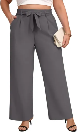 Women's Plus Size Wide Leg Dress Pants High Waist Palazzo Adjustable Knot Casual Business Trousers with Pockets