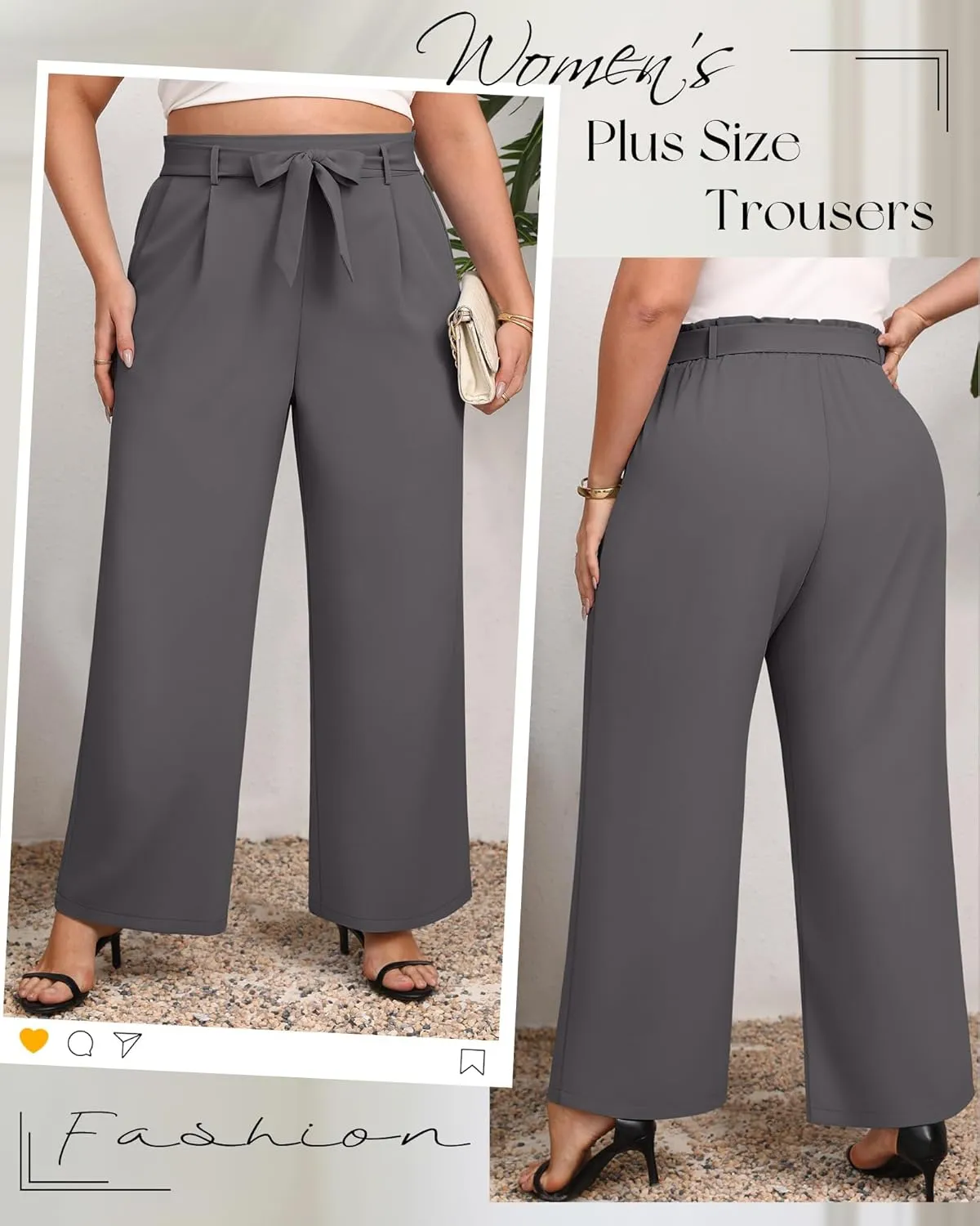 Women's Plus Size Wide Leg Dress Pants High Waist Palazzo Adjustable Knot Casual Business Trousers with Pockets