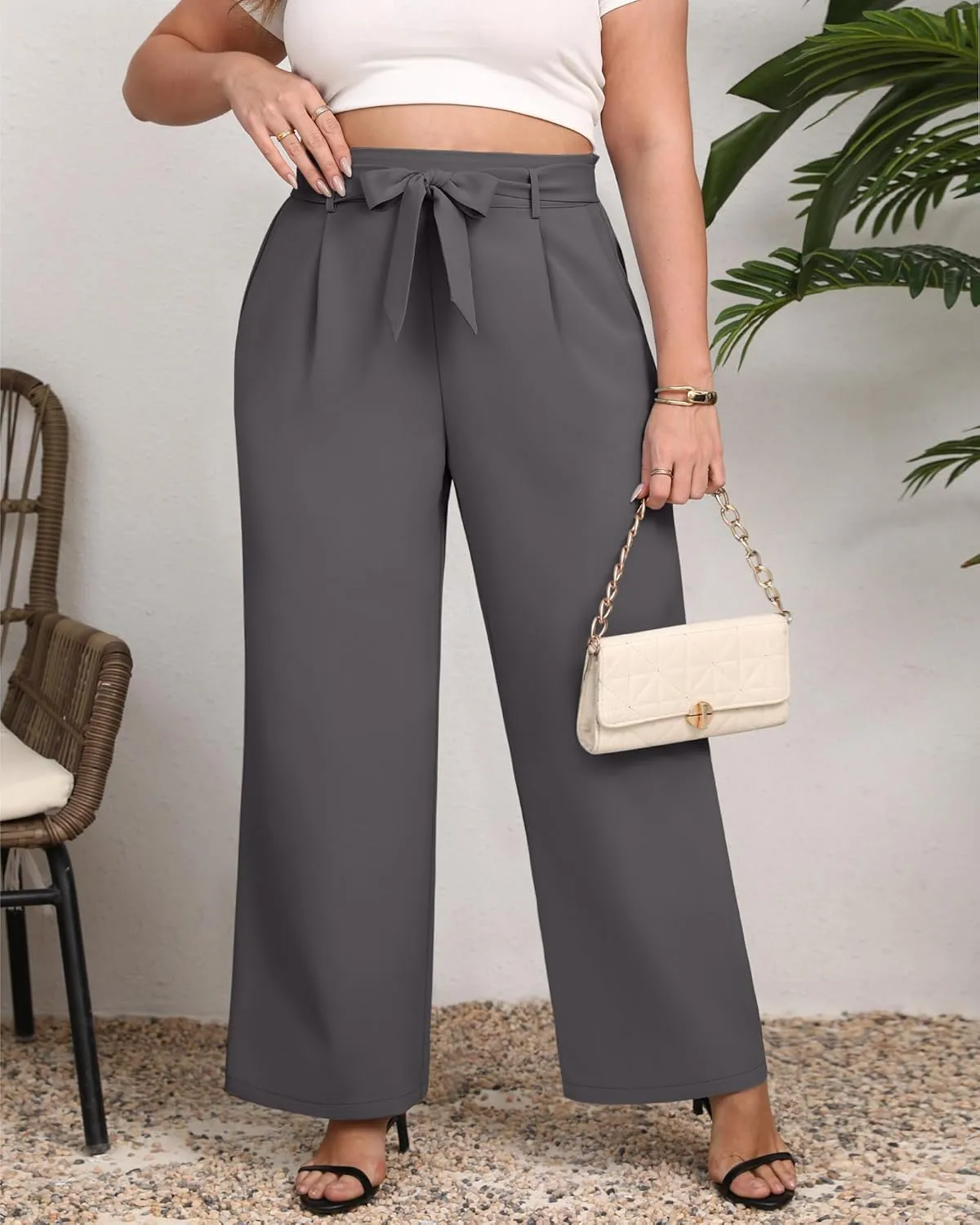 Women's Plus Size Wide Leg Dress Pants High Waist Palazzo Adjustable Knot Casual Business Trousers with Pockets