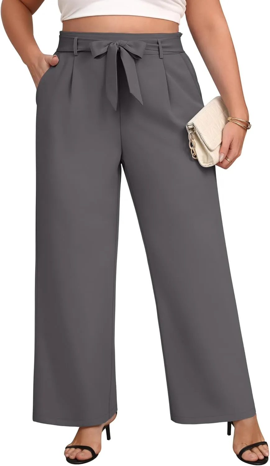 Women's Plus Size Wide Leg Dress Pants High Waist Palazzo Adjustable Knot Casual Business Trousers with Pockets