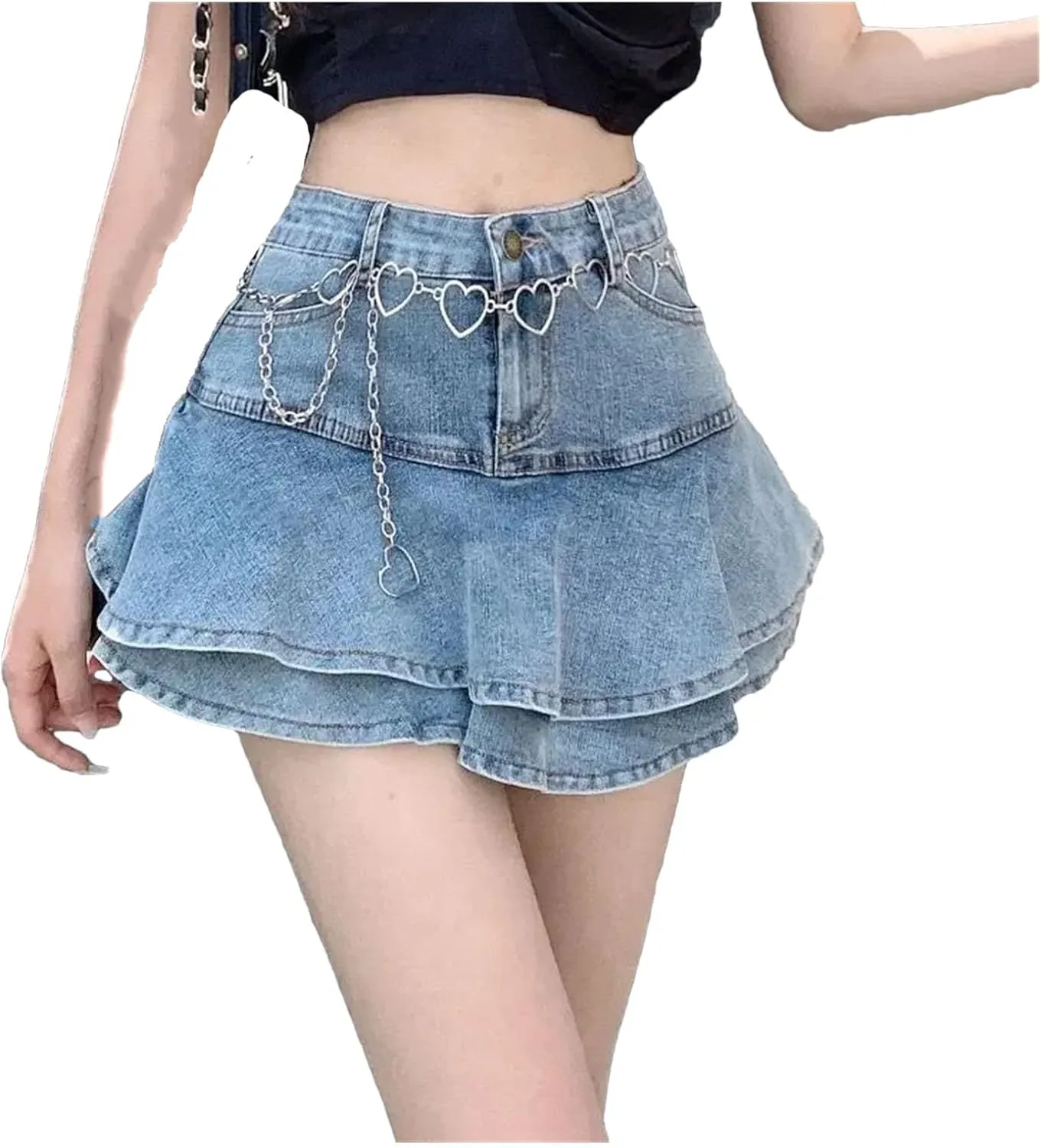Women's Ruffled Pleated Denim Mini Skirt Summer High Waist A-Line Jean Short Skirt