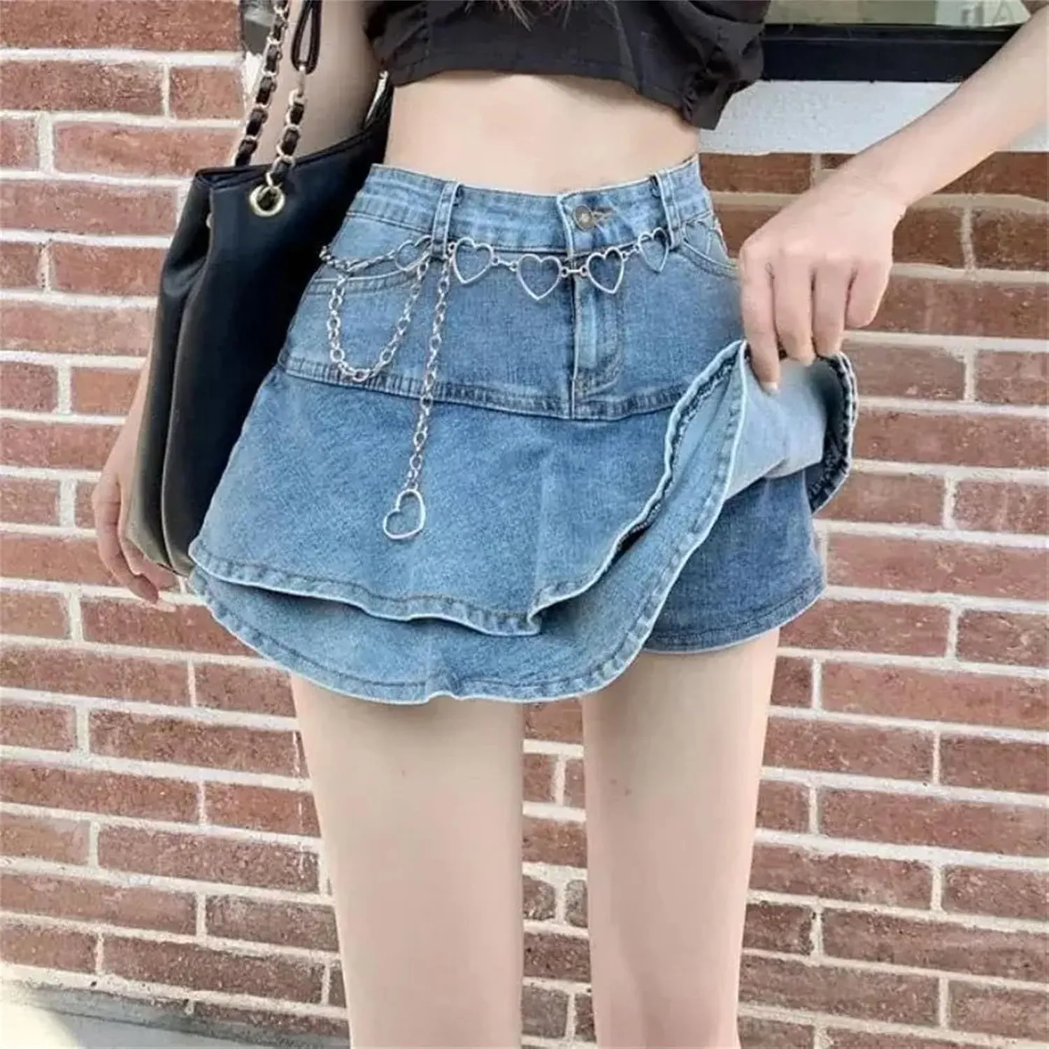 Women's Ruffled Pleated Denim Mini Skirt Summer High Waist A-Line Jean Short Skirt