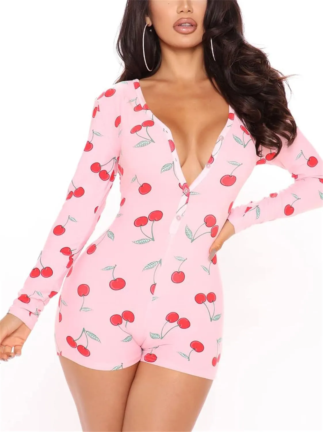 Women's Sexy Deep V Neck Onesie Pajamas Short Jumpsuit One Piece Romper Bodysuit Flapjacks with Drop Seat Butt Flap