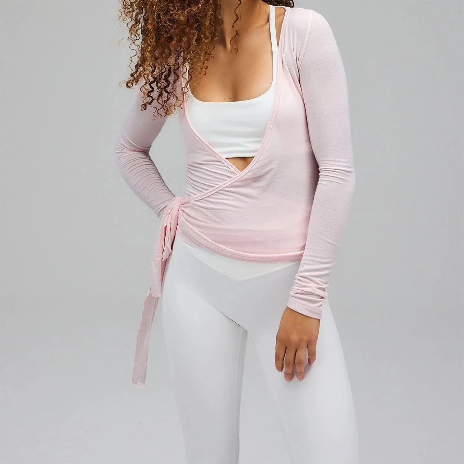 Women's Sexy Deep V Neck Wrap Top Long Sleeve Tie Front Crop Top Bandage Surplice Wrap Blouse Slim Fit Yoga Shirts