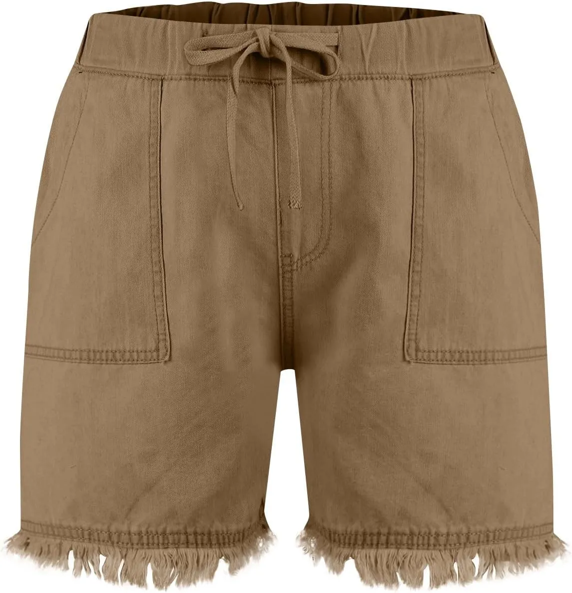 Womens Shorts Casual Denim Cutoffs Elastic Waist Jean Short Drawstring Casual Frayed Hem Denim Short with Big Pocket