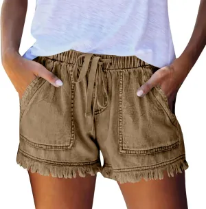 Womens Shorts Casual Denim Cutoffs Elastic Waist Jean Short Drawstring Casual Frayed Hem Denim Short with Big Pocket