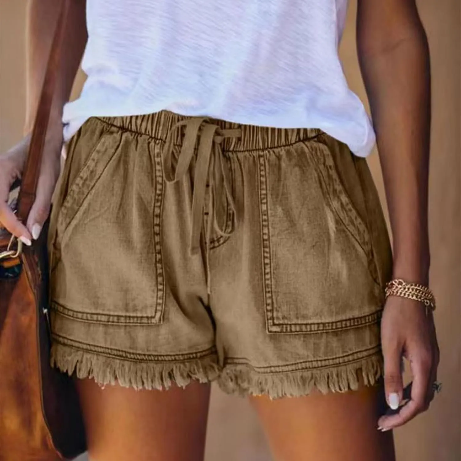 Womens Shorts Casual Denim Cutoffs Elastic Waist Jean Short Drawstring Casual Frayed Hem Denim Short with Big Pocket