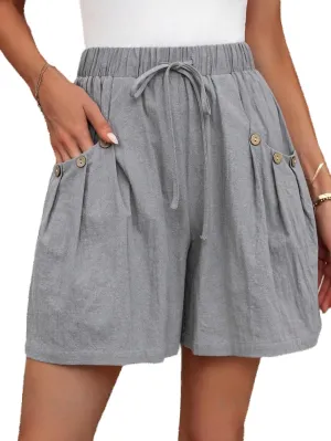 Women's Shorts Casual Flowy High Waisted Comfy Summer Shorts Elastic Drawstring Boho Button Pants with Pockets
