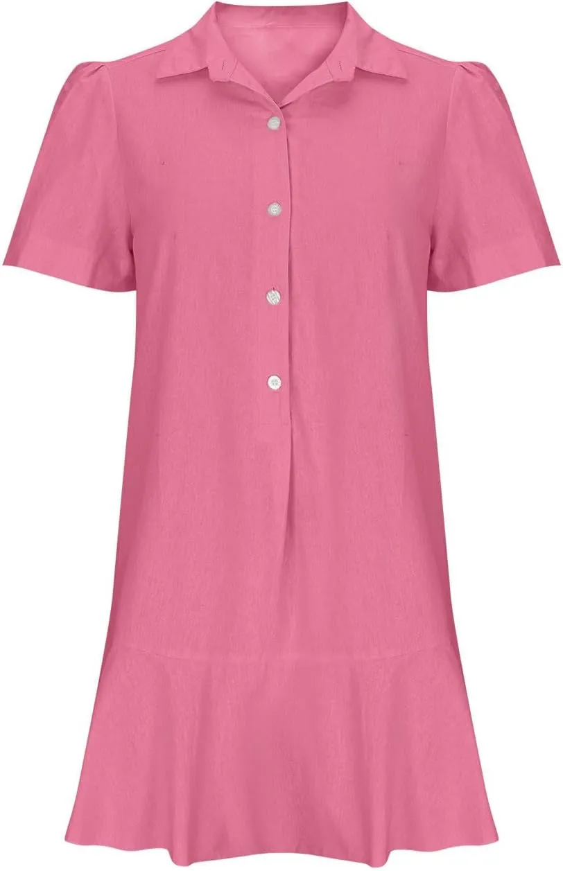Womens Sleeveless Shirt Dress Ruffle Hem Tank Dress Button V Neck Swing Shift Mini Dresses Lapel Collar Tunic Dress