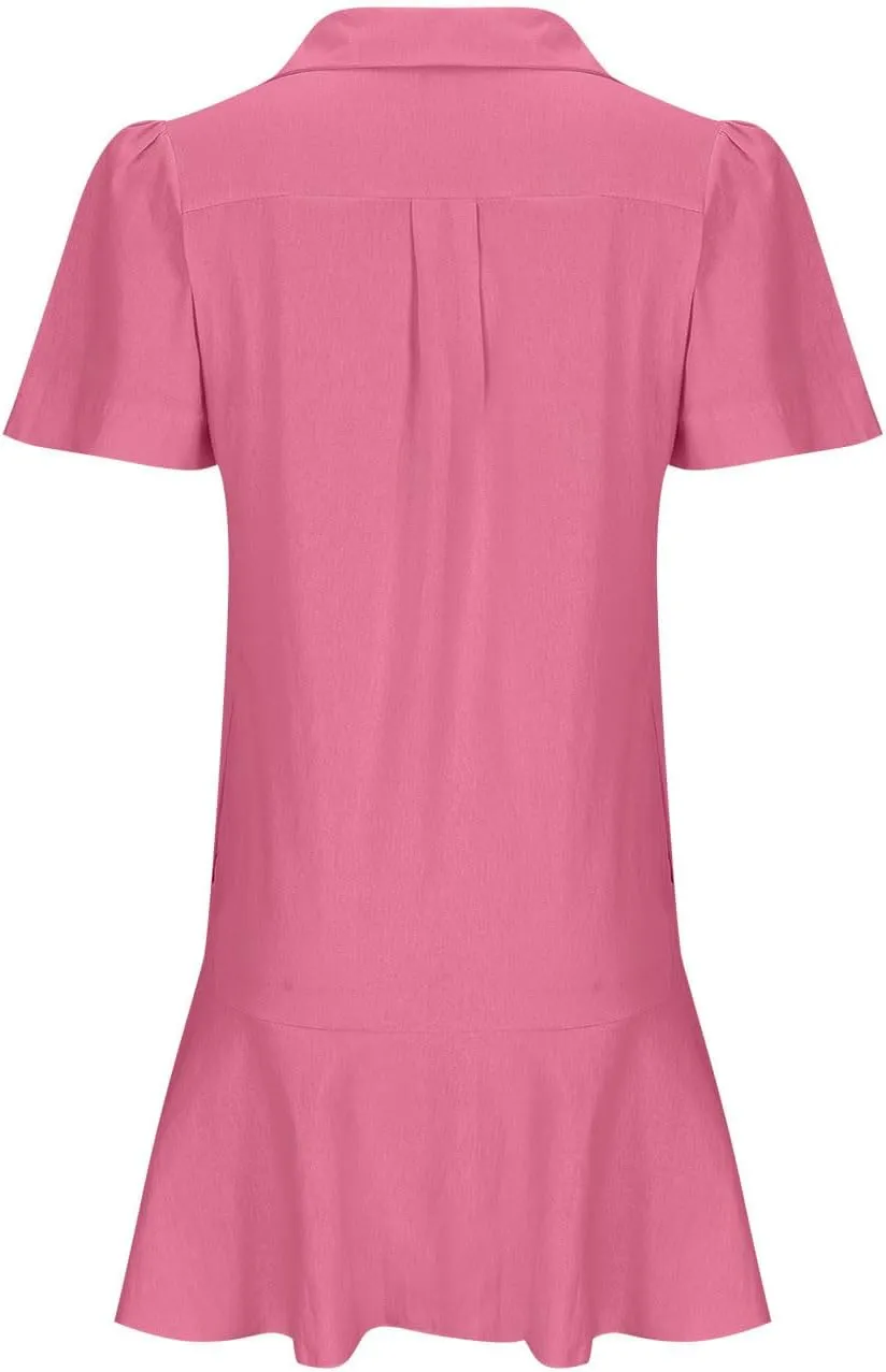 Womens Sleeveless Shirt Dress Ruffle Hem Tank Dress Button V Neck Swing Shift Mini Dresses Lapel Collar Tunic Dress