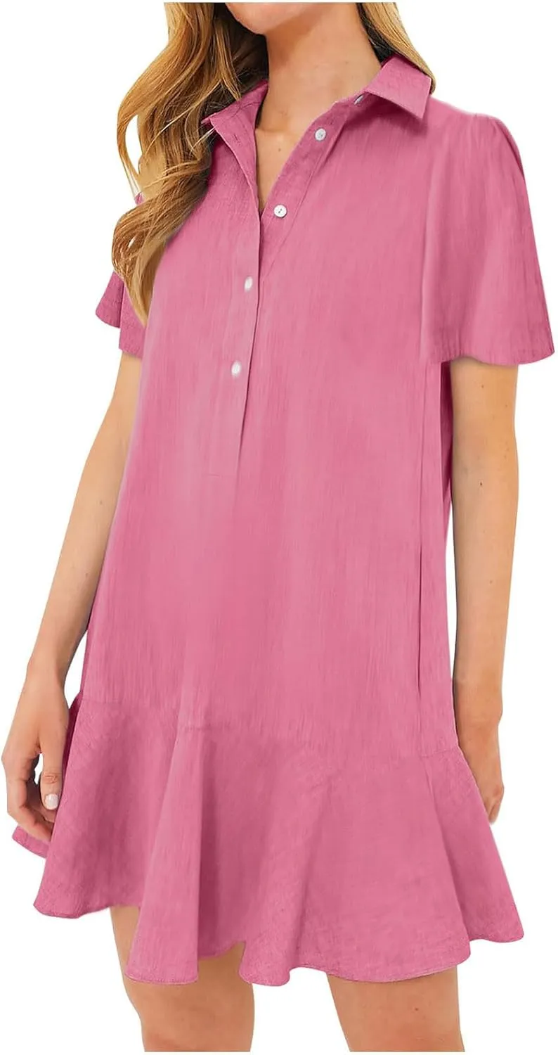 Womens Sleeveless Shirt Dress Ruffle Hem Tank Dress Button V Neck Swing Shift Mini Dresses Lapel Collar Tunic Dress