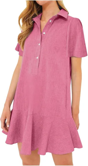 Womens Sleeveless Shirt Dress Ruffle Hem Tank Dress Button V Neck Swing Shift Mini Dresses Lapel Collar Tunic Dress