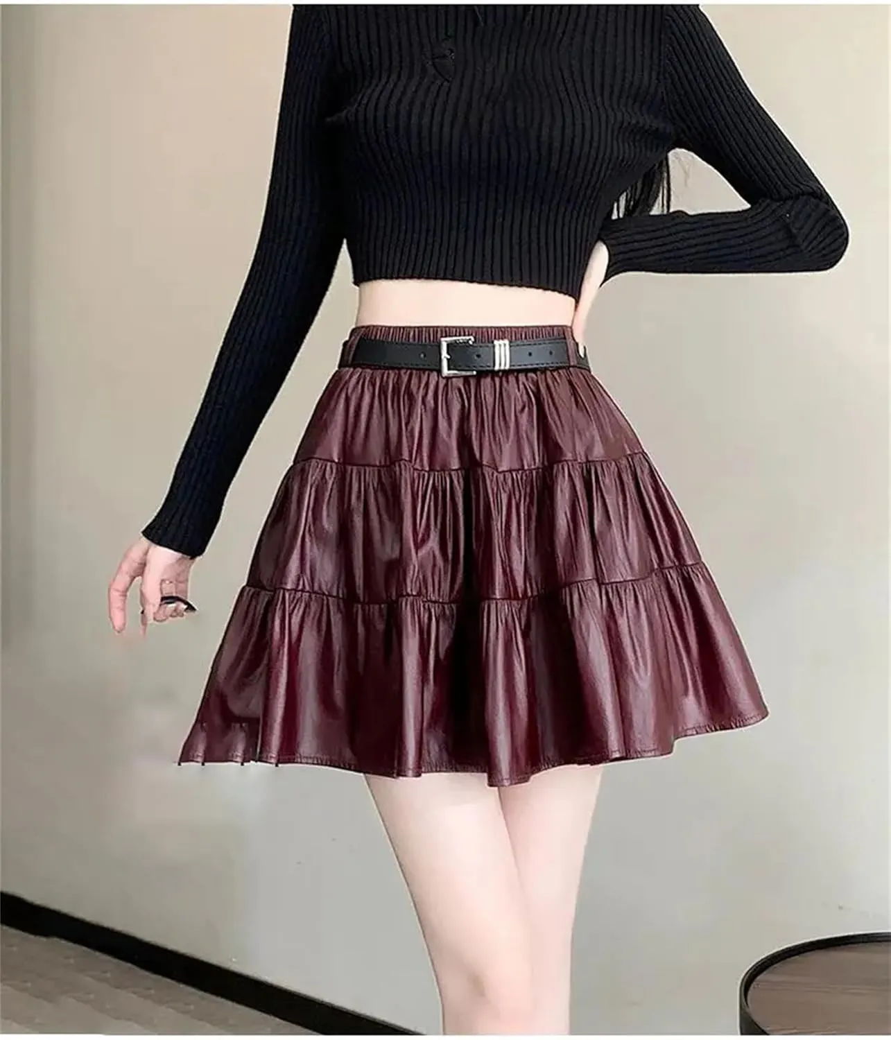 Womens Splicing Short Skirt Cake Skirt Sexy High Waisted A-Line Pleated Mini Skirt Leather Skirt