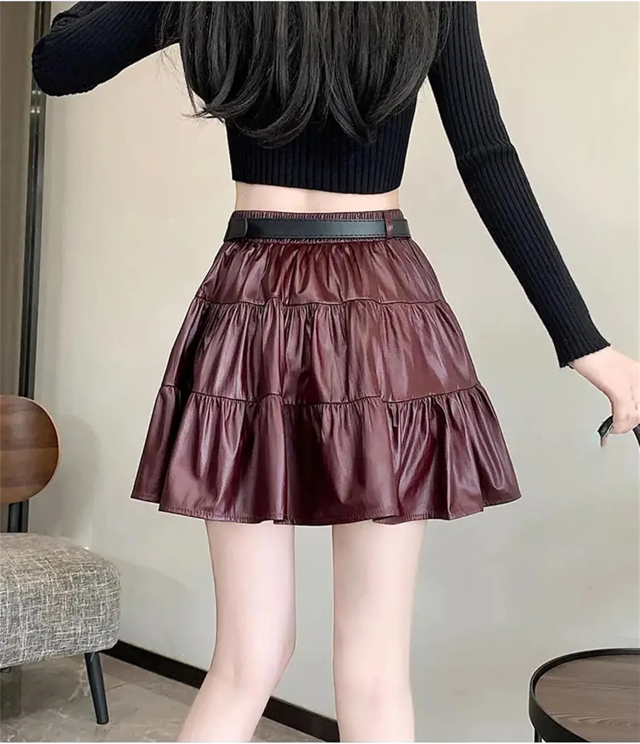 Womens Splicing Short Skirt Cake Skirt Sexy High Waisted A-Line Pleated Mini Skirt Leather Skirt