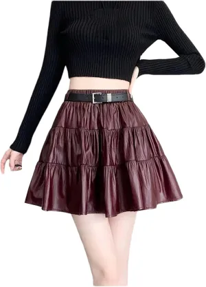 Womens Splicing Short Skirt Cake Skirt Sexy High Waisted A-Line Pleated Mini Skirt Leather Skirt