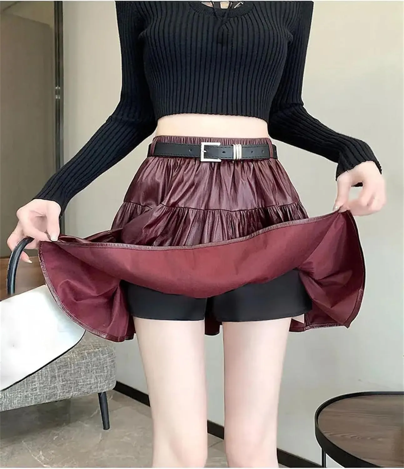 Womens Splicing Short Skirt Cake Skirt Sexy High Waisted A-Line Pleated Mini Skirt Leather Skirt