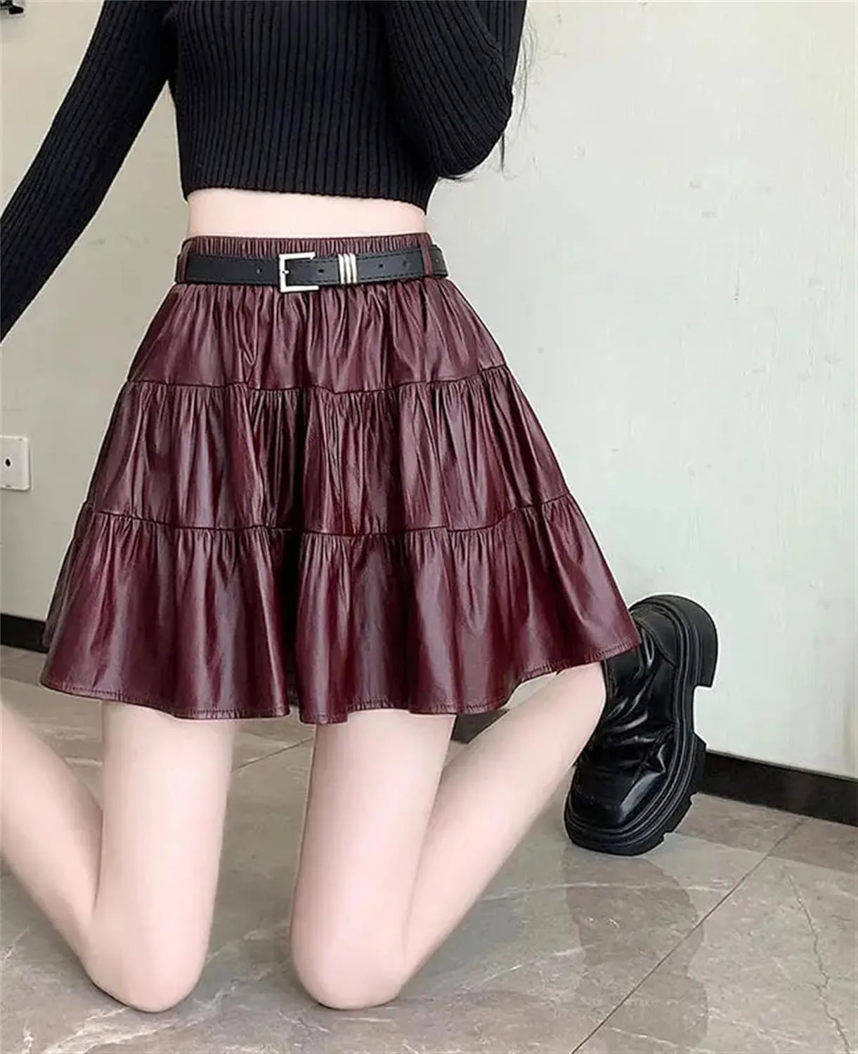 Womens Splicing Short Skirt Cake Skirt Sexy High Waisted A-Line Pleated Mini Skirt Leather Skirt