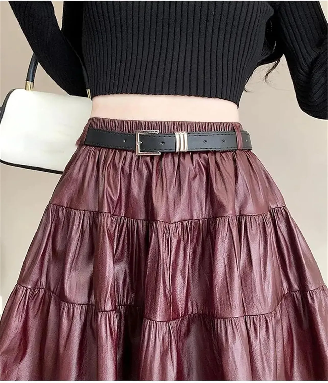 Womens Splicing Short Skirt Cake Skirt Sexy High Waisted A-Line Pleated Mini Skirt Leather Skirt