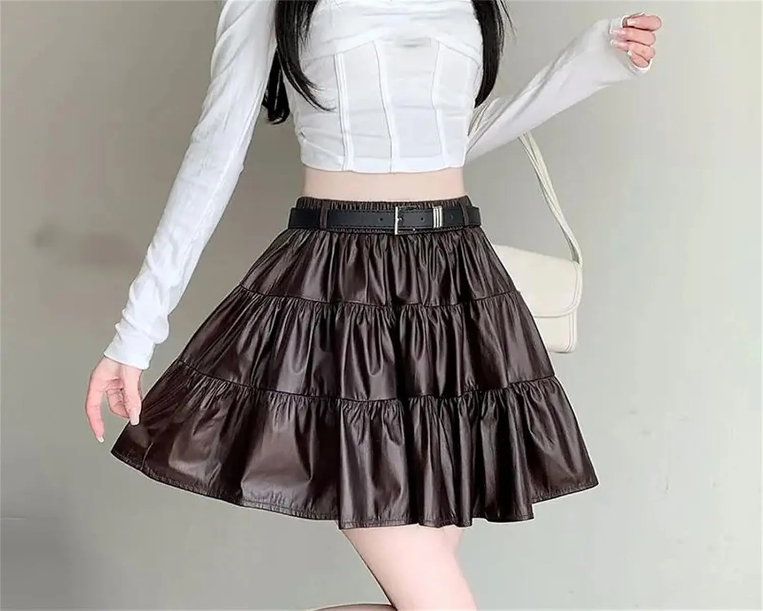 Womens Splicing Short Skirt Cake Skirt Sexy High Waisted A-Line Pleated Mini Skirt Leather Skirt