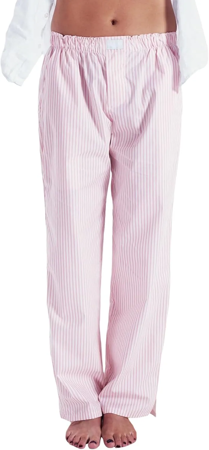 Women's Stripe Pajama Pants Y2K Elastic High Waisted Wide Leg Pants Loose Lounge Sleep Pants Trousers with Pockets