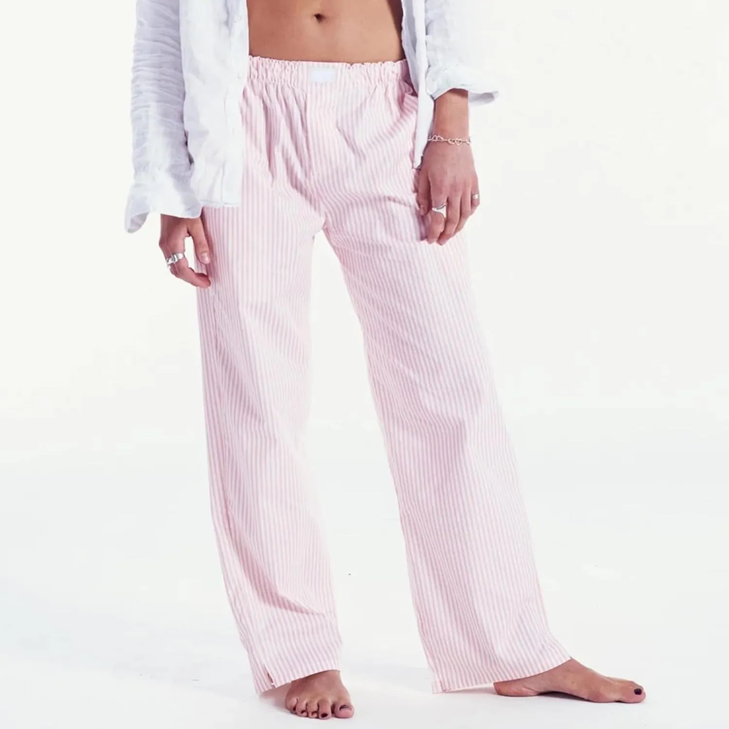 Women's Stripe Pajama Pants Y2K Elastic High Waisted Wide Leg Pants Loose Lounge Sleep Pants Trousers with Pockets