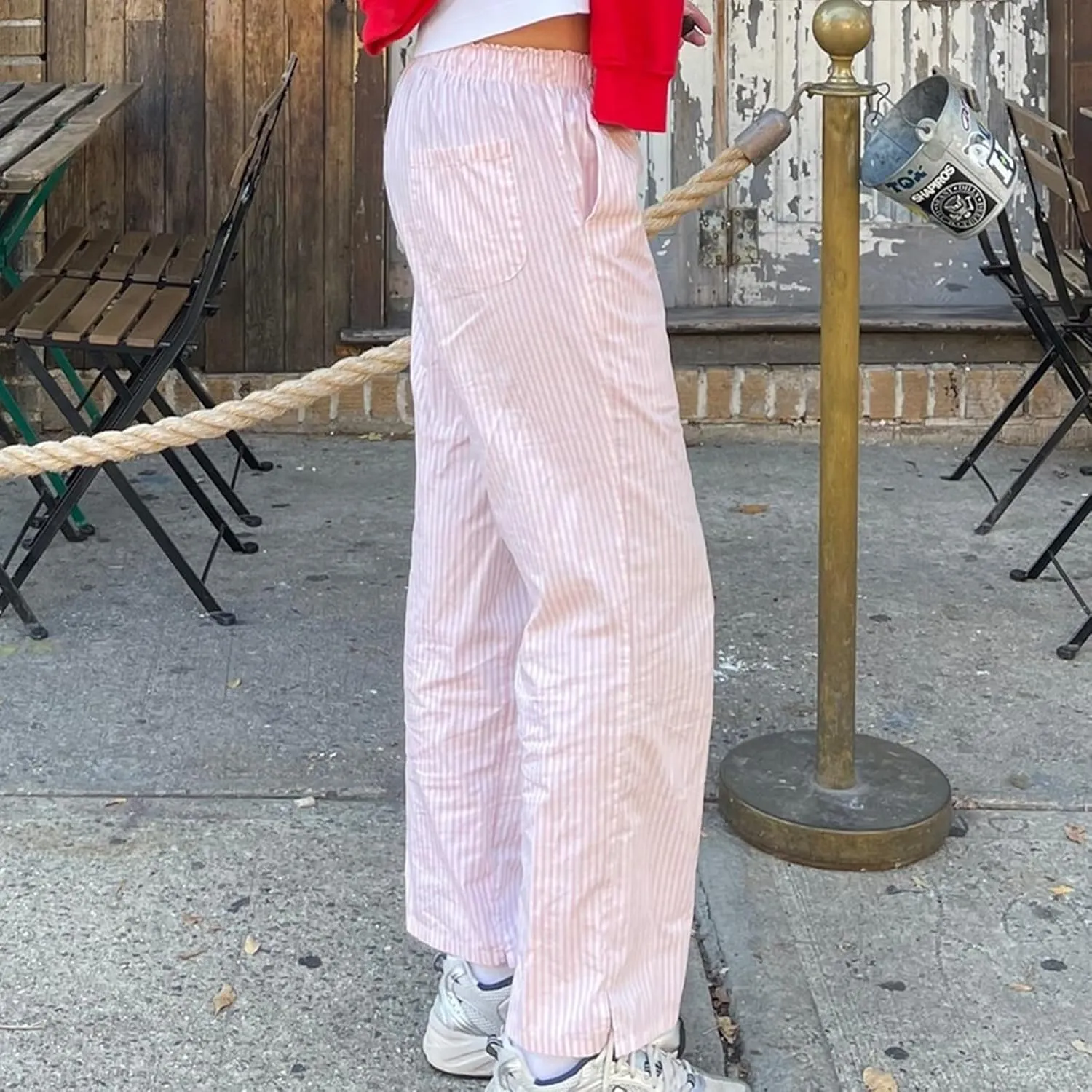 Women's Stripe Pajama Pants Y2K Elastic High Waisted Wide Leg Pants Loose Lounge Sleep Pants Trousers with Pockets