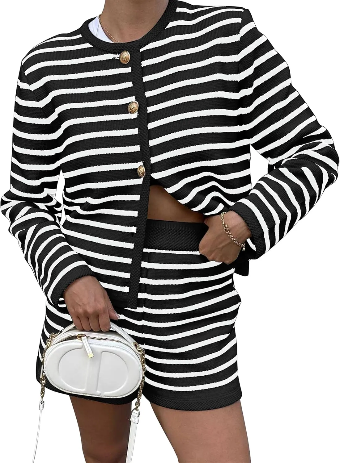 Womens Striped 2 Piece Outfits Long Sleeve Crew Neck Button Lounge Short Set Casual Knit Sweater High Waist Shorts Black
