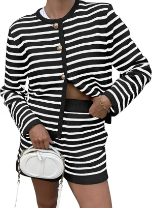 Womens Striped 2 Piece Outfits Long Sleeve Crew Neck Button Lounge Short Set Casual Knit Sweater High Waist Shorts Black