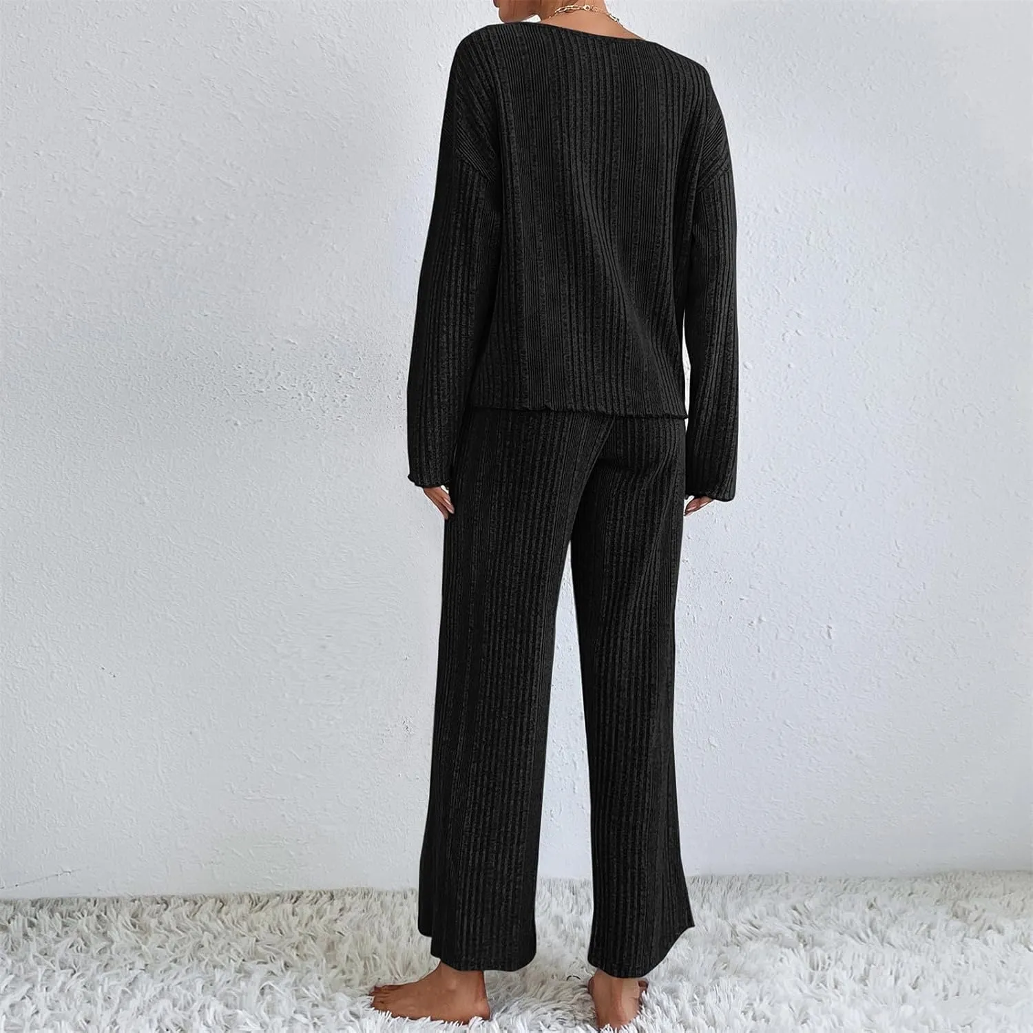 Womens Two Piece Sets V Neck Knit Sweater Sets Long Sleeve Pullover Tops and Wide Leg Pant Tracksuit Lounge Set