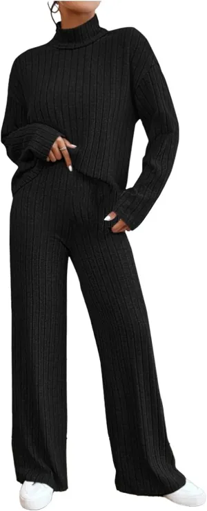 Womens Two Piece Sets V Neck Knit Sweater Sets Long Sleeve Pullover Tops and Wide Leg Pant Tracksuit Lounge Set