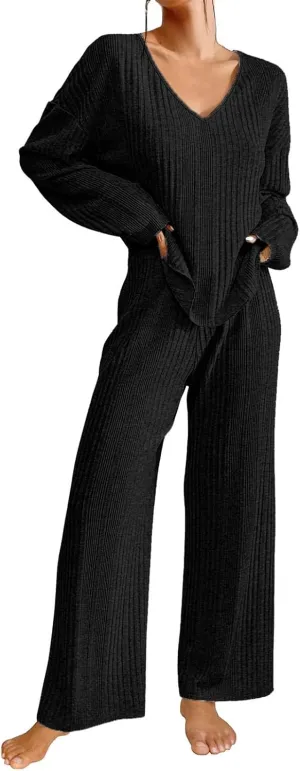 Womens Two Piece Sets V Neck Knit Sweater Sets Long Sleeve Pullover Tops and Wide Leg Pant Tracksuit Lounge Set