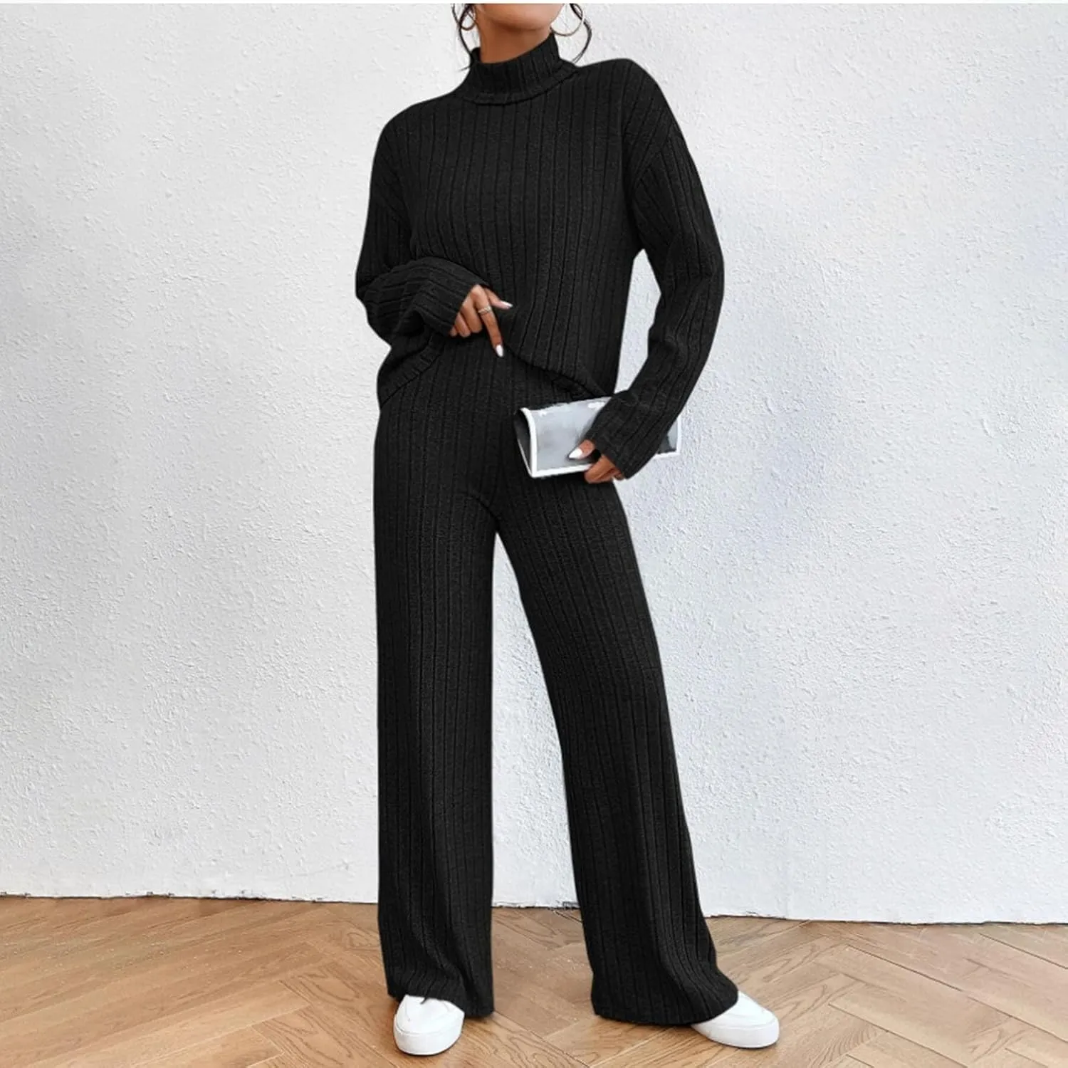 Womens Two Piece Sets V Neck Knit Sweater Sets Long Sleeve Pullover Tops and Wide Leg Pant Tracksuit Lounge Set
