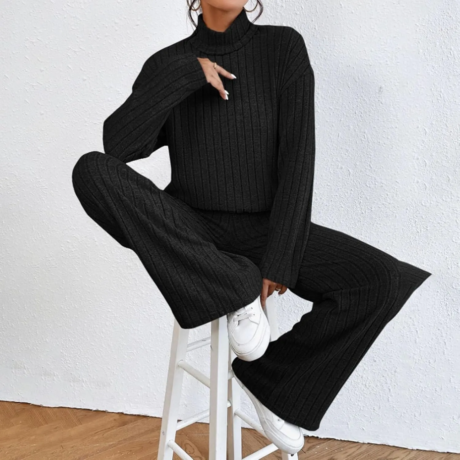 Womens Two Piece Sets V Neck Knit Sweater Sets Long Sleeve Pullover Tops and Wide Leg Pant Tracksuit Lounge Set