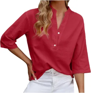Women's V-Neck Long Sleeve Loose Button Cotton And Linen T-shirt Blouse,2024 Fall&Winter Womens Trendy Tops