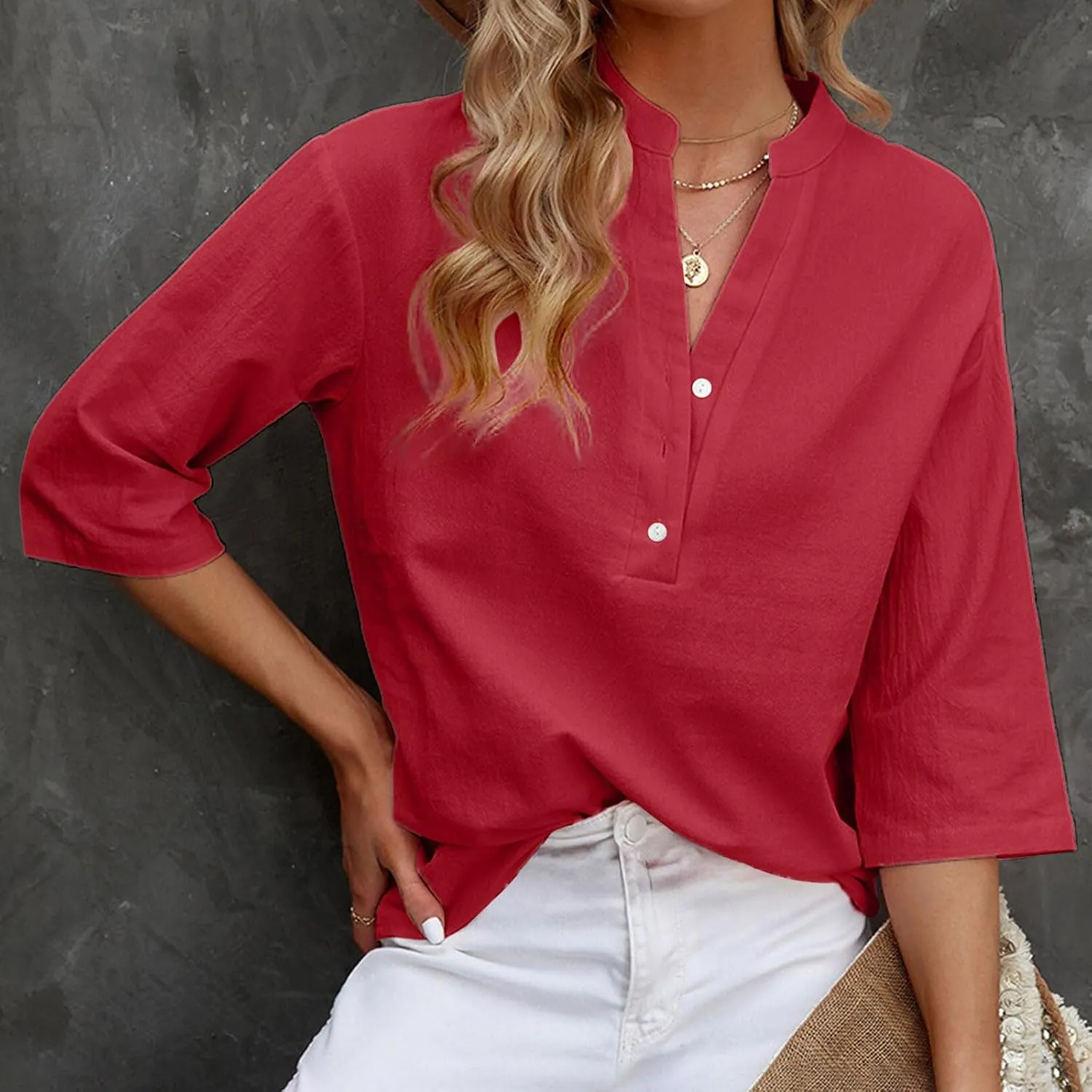 Women's V-Neck Long Sleeve Loose Button Cotton And Linen T-shirt Blouse,2024 Fall&Winter Womens Trendy Tops